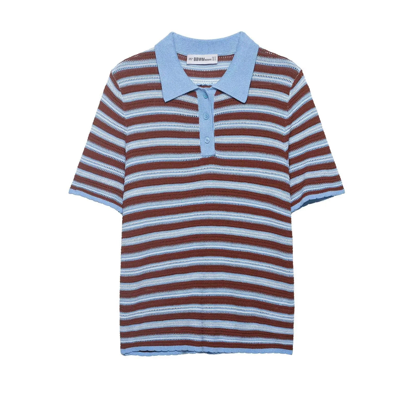 Fashion Casual Striped Knit Polo Shirt Striped Knit Shirt For Women Blue Brown Short Sleeve Hollow Out Casual Summer Top UEZ7