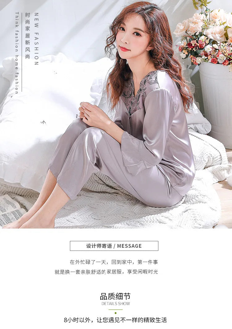 Spring and summer silk women's pajamas long-sleeved autumn and winter new imitation silk women's home clothes