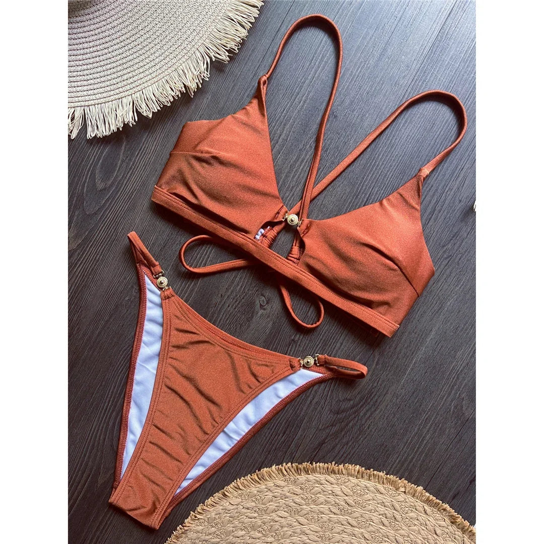 7 Colors New Cross Back Bikini Female Swimsuit Women Swimwear Two-pieces Bikini set High Leg Cut Bather Bathing Suit Swim V8252