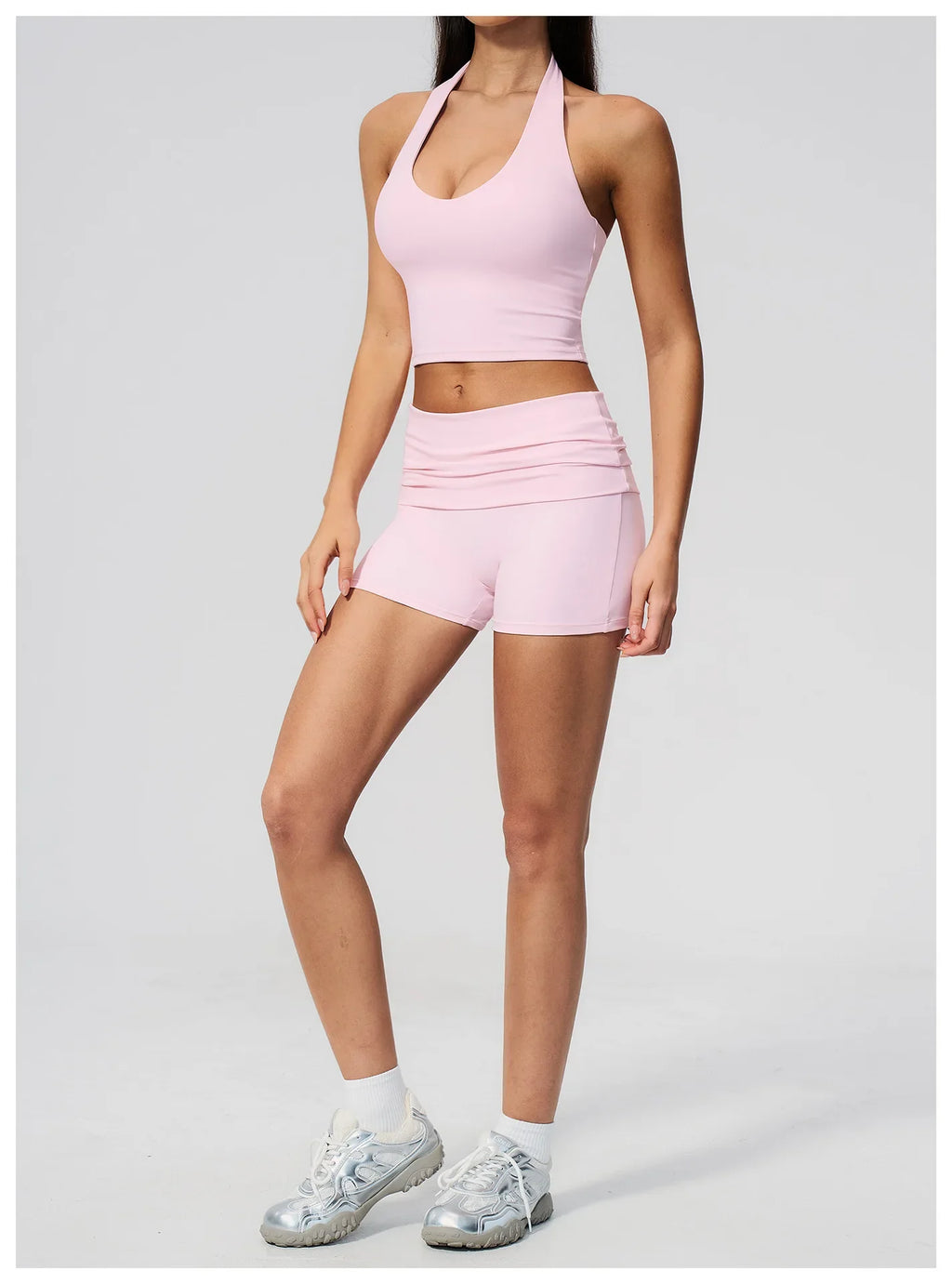 2PCS Yoga Set Women V-neck Cross Neck Shock-absorbing Sports Vest Workout Pleate Flip High Waist Shorts Gym Runing Fitness Suits