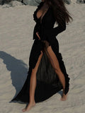 New Sexy V Neck Ruffled Long Sleeve Chiffon Tunic Beach Cover Up Cover-ups Beach Dress Beach Wear Beachwear Female Women V5976
