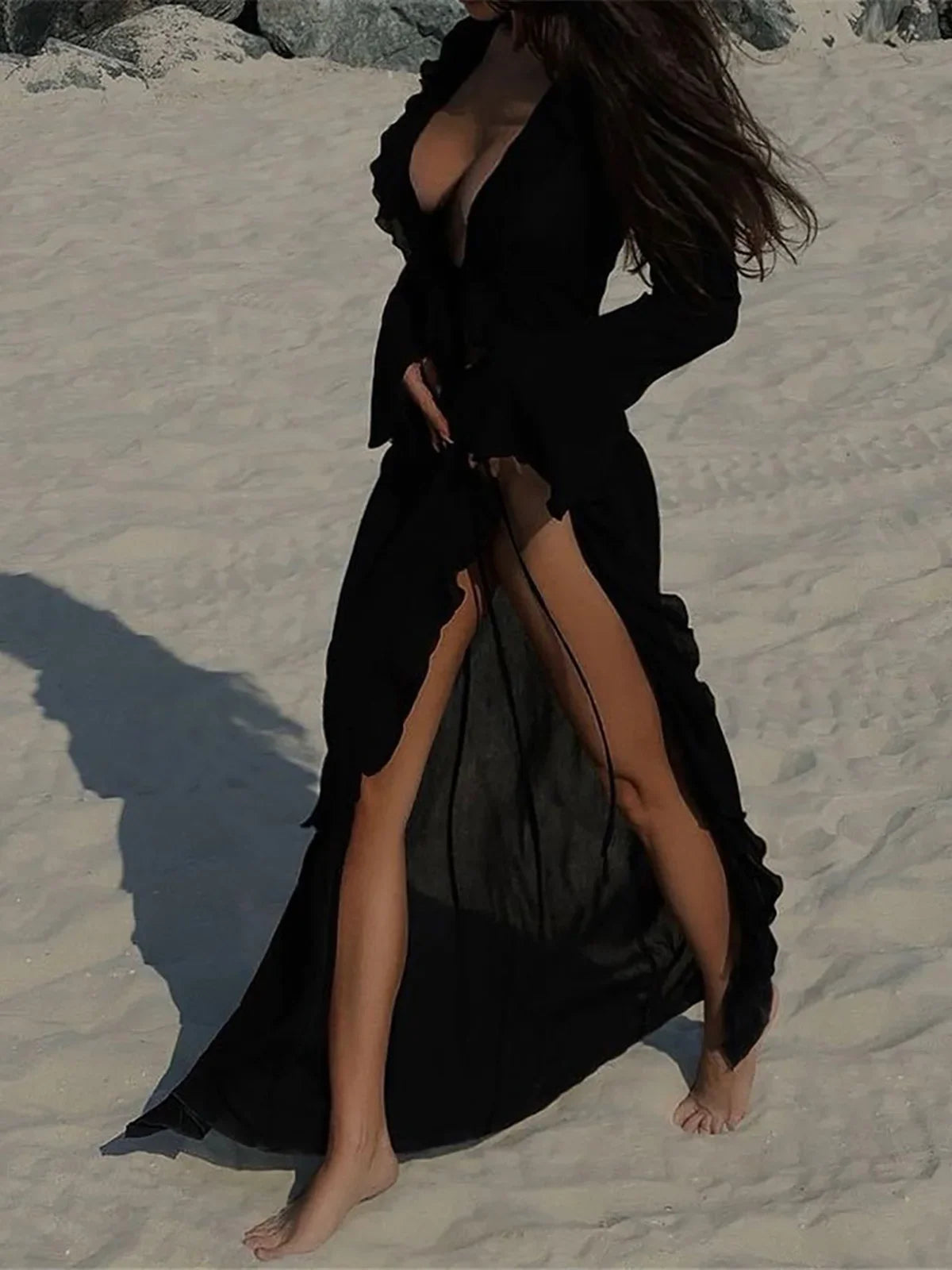 New Sexy V Neck Ruffled Long Sleeve Chiffon Tunic Beach Cover Up Cover-ups Beach Dress Beach Wear Beachwear Female Women V5976