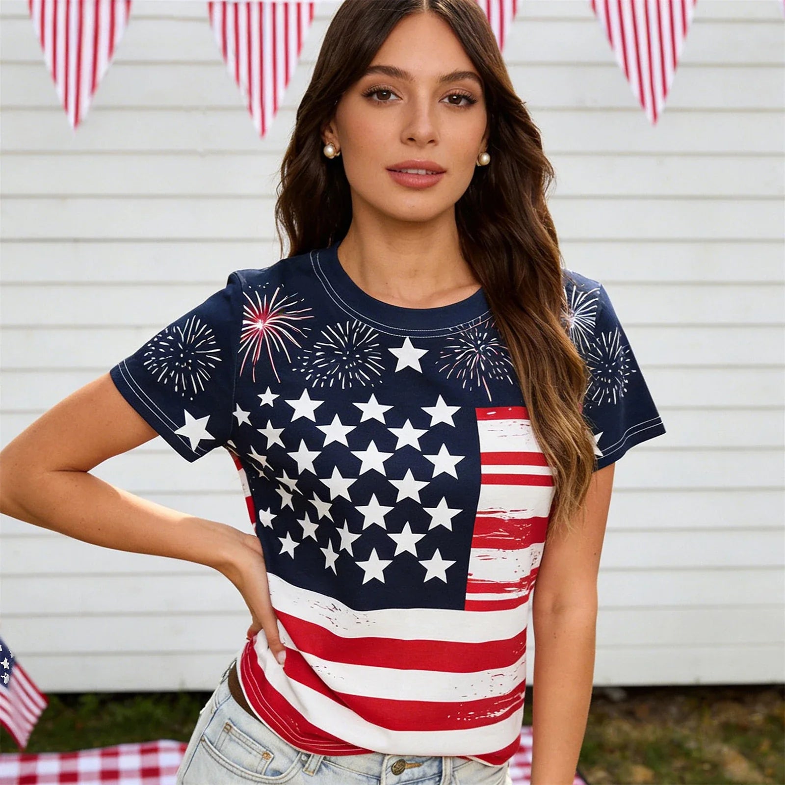 Women's 4th of July American Flag T Shirt Stylish Star Print Short Sleeve Round Neck Tops for Daily Wear
