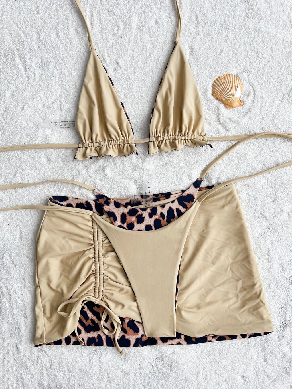 2026 Summer Leopard Print 3 Pieces Suit Swimwear Reversible Sexy Halter Lace-up Bikini Set Drawstring Skirt Cover Up Beachwear