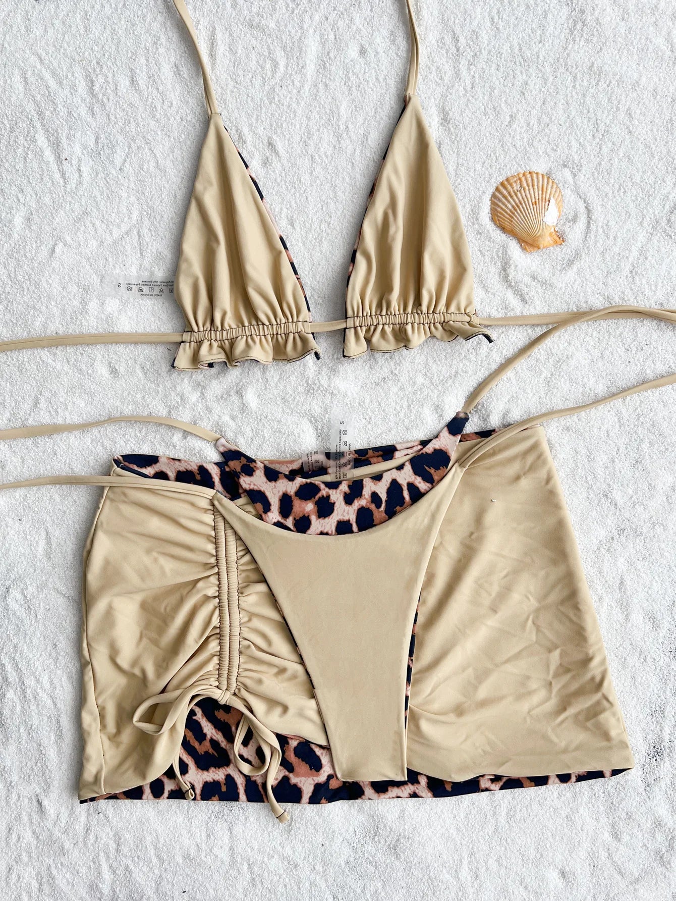 2026 Summer Leopard Print 3 Pieces Suit Swimwear Reversible Sexy Halter Lace-up Bikini Set Drawstring Skirt Cover Up Beachwear