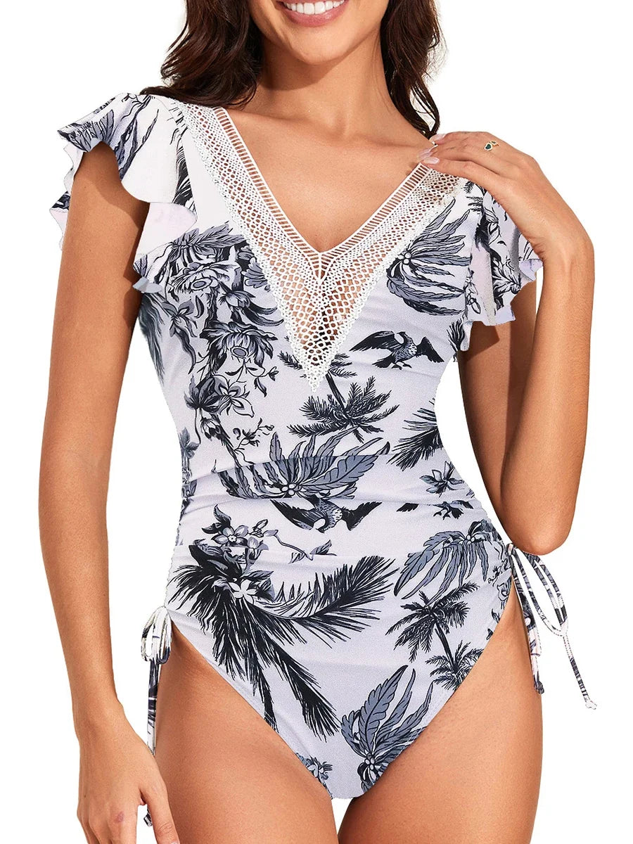 2026 Crochet Drawstring One Piece Swimsuit Women Sexy Ruffle Swimwear Female Solid Bathers Bathing Swimming Swim Suit Beachwear