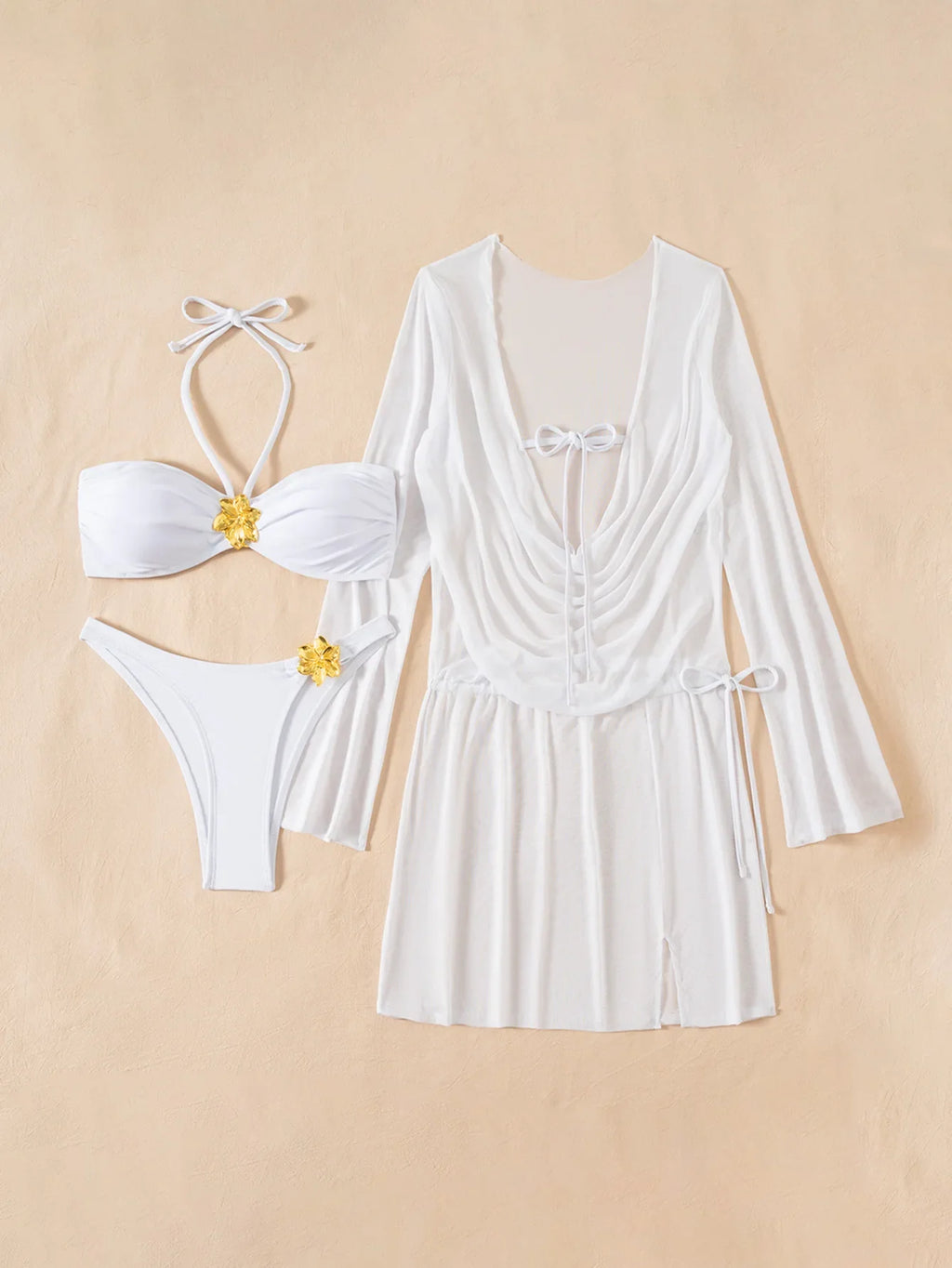 sexy white bandeau metal flower bikinis sets 3pcs with mesh long sleeve wrinkled tie mini dress swimsuit bathing suit biquini