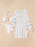sexy white bandeau metal flower bikinis sets 3pcs with mesh long sleeve wrinkled tie mini dress swimsuit bathing suit biquini