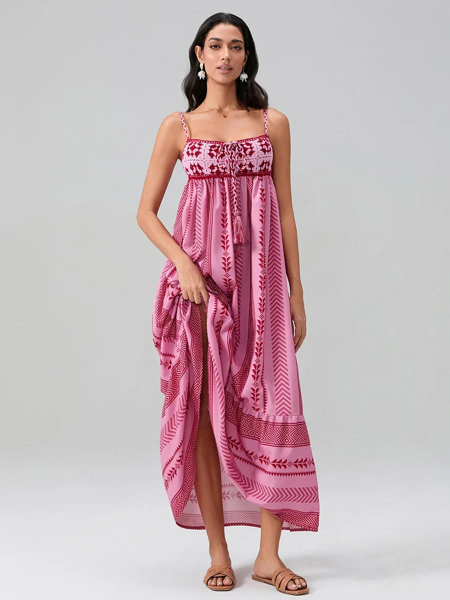 Women Summer Sleeveless Flowy Dress Geometric Print Knit Corset Ruffle A-line Long Dress Casual Party Bohemian Streetwear