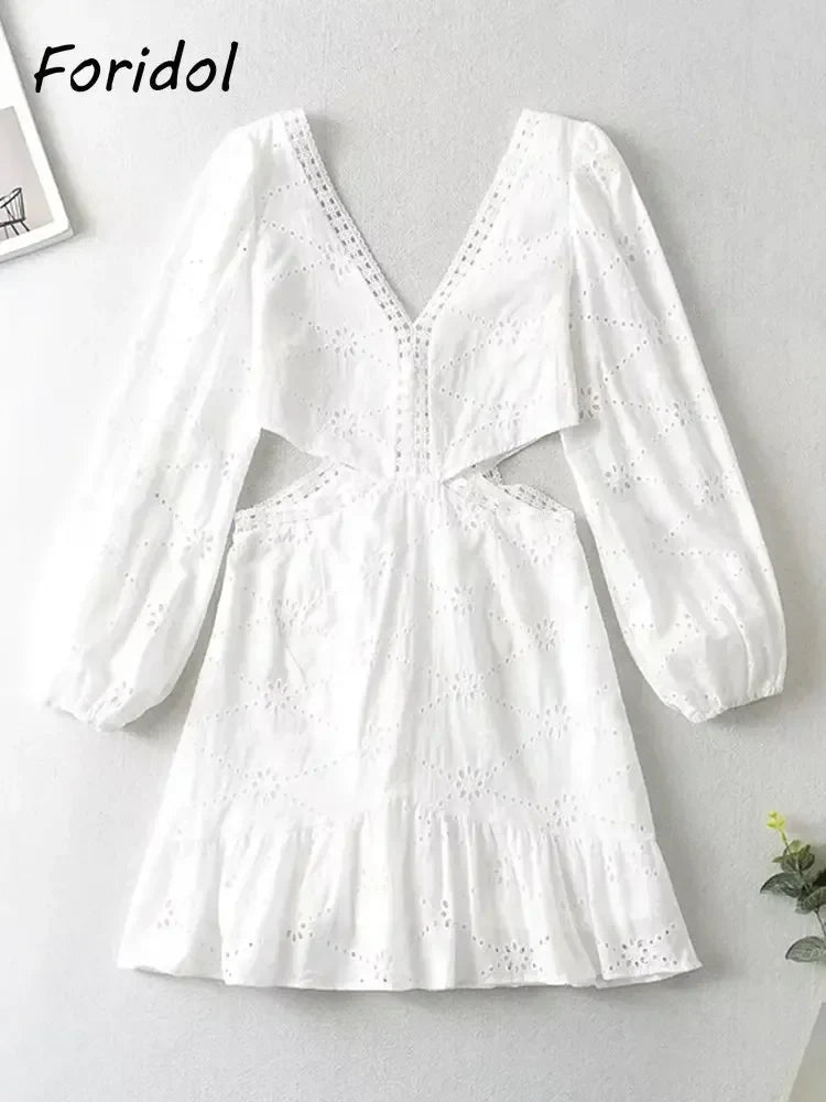 Foridol Waist Hollow Out V Neck Backless White Lace Party Dress Christmas Vestido Robe Ruffled Cotton Long Sleeve Autumn Dress