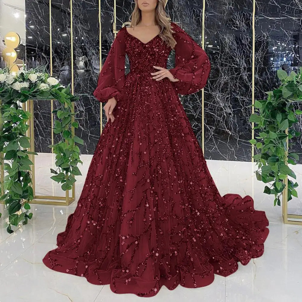 Women Evening Dress Lantern Sleeve V Neck Shiny Sequin A-line Double-layered Floor Length Mesh Cocktail Party Dress Prom Gown