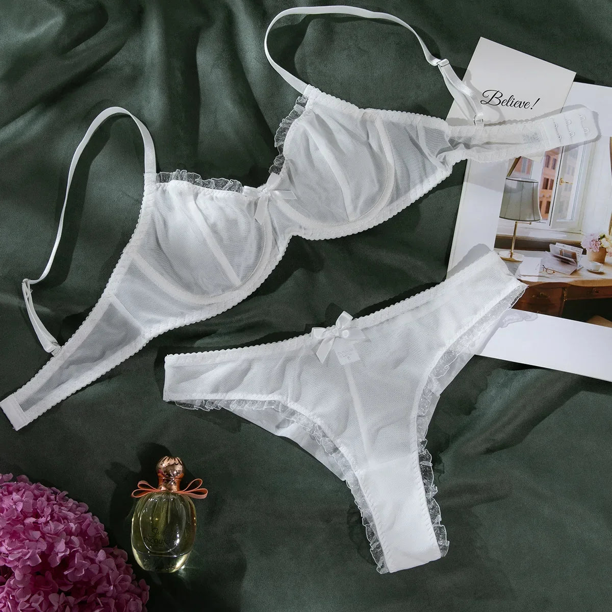 2Pcs Bra & Brief Set for Women Sexy White Ruffle Mesh Perspective Bow Patchwork Bra Bilizna Set Underwear Ultra Thin Intimate