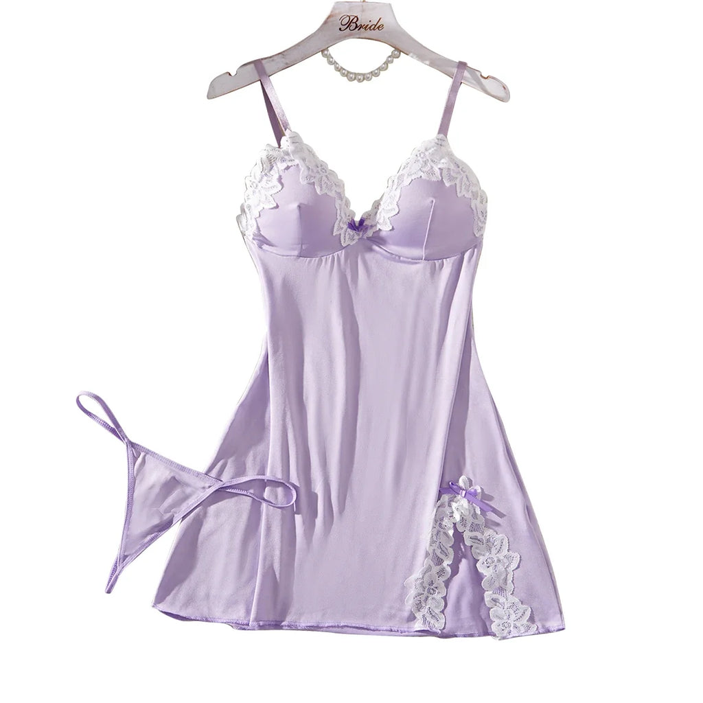 Light Purple Women Nightdress Sexy Lace Bow Lingerie Adult Dress Babydoll Sex Sleepdress Underwear Sets Ladies Erotic Outfits