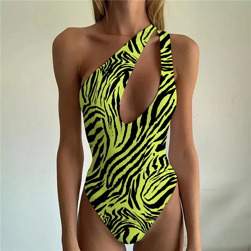 2023 Women One Piece Swimsuit Zebra One Shoulder Female Swimwear Sexy Monokini Hollow Out Beachwear Push Up Bodysuit