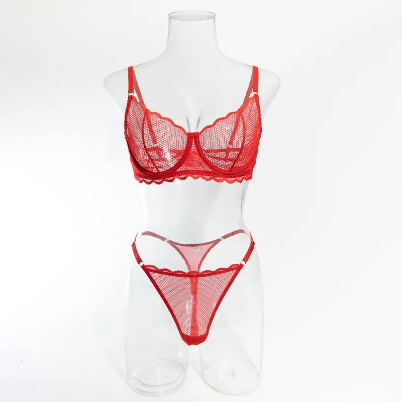 Toucheart Sexy Lingerie Suit for Women Lace Mesh Ultra-thin Underwear Comfortable Bra Set with Steel Rings Hollow Out Underwear