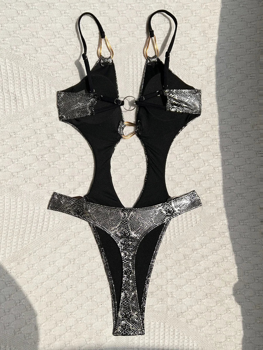 S - XL Snake Skin Deep V Neck One Piece Swimsuit Women Swimwear Female High Cut Out Monokini Backless Bathing Suit Swim Bodysuit