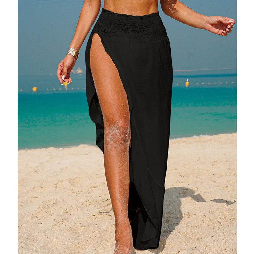 Solid High Slit Crochet Knitted Beach Skirt Tunic Beach Cover Up Cover-ups Beach Dress Beach Wear Beachwear Female Women V7584