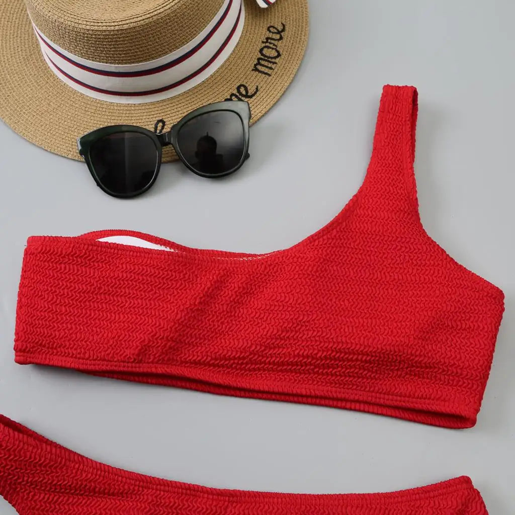 One Shoulder Bikinis 2026 Women Sexy Swimwear Female Brazilian Swimsuit Solid Beachwear Bathers Bathing Swimming Swim Suit