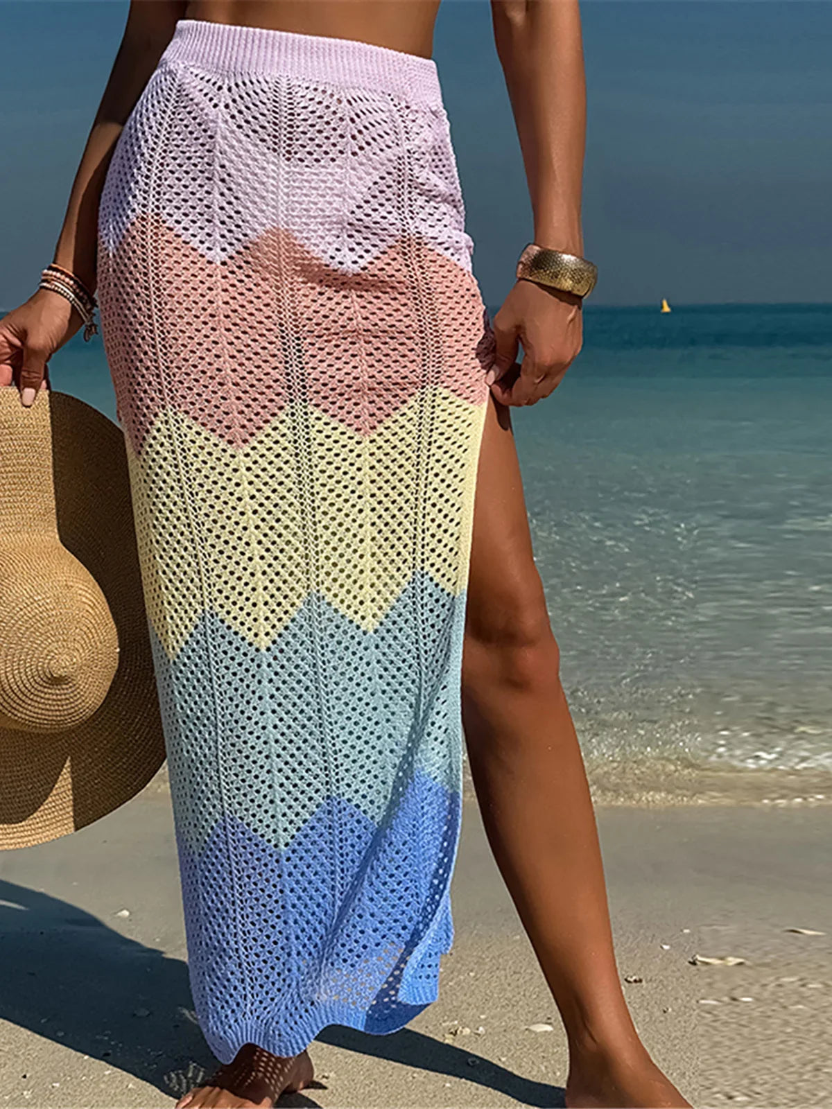 New Colorful Hollow Out Knitted Tunic Beach Cover Up Cover-ups Beach Dress Beach Wear Beachwear Long Skirt Female Women K6588