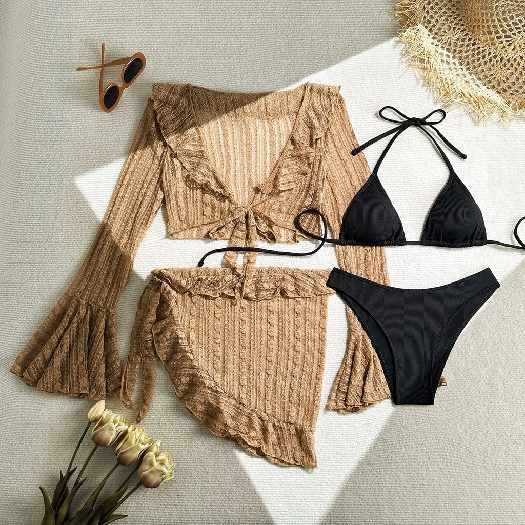 DEKA 4Pcs/Set Mesh Sheath Bikini Set Female Mini Camis Briefs Short Skirt Swimwear Fashion Drawstring Long Sleeve Boho Swimsuit