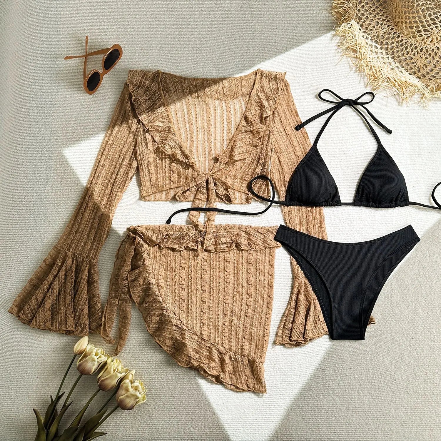 DEKA 4Pcs/Set Mesh Sheath Bikini Set Female Mini Camis Briefs Short Skirt Swimwear Fashion Drawstring Long Sleeve Boho Swimsuit
