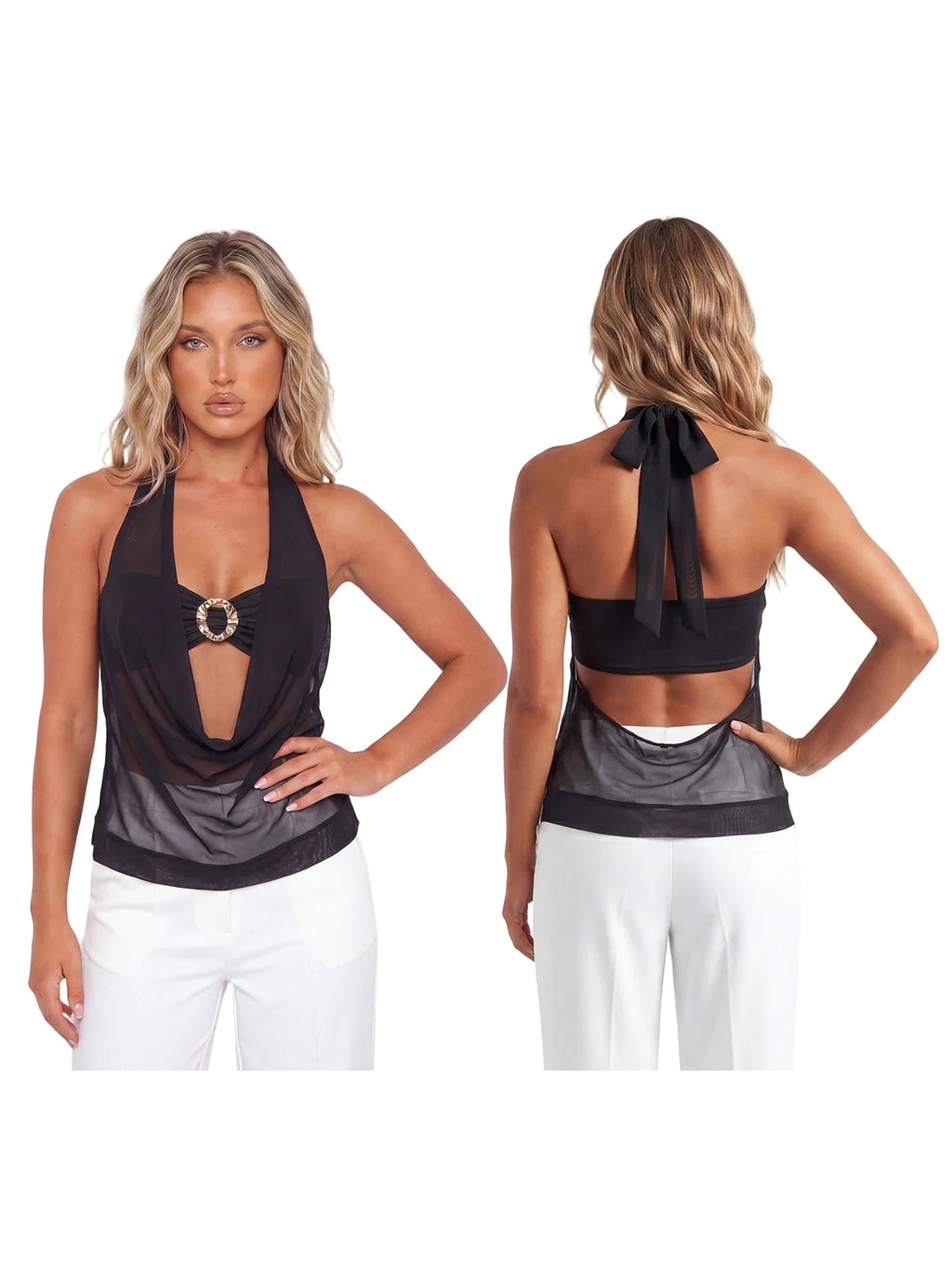 Summer Women Elegant 2 Piece Tops Mesh Sheer Halter Cowl Neck Sleeveless Vest with Buckle Tube Top Going Out Blouse Streetwear