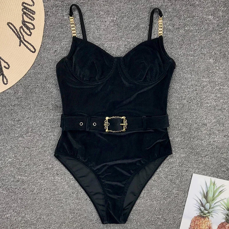 Ribbed Push up Underwired Metal Chain Women Swimwear One Piece Swimsuit Female Waist Belt Monokini Bather Bathing Suit Swim Lady