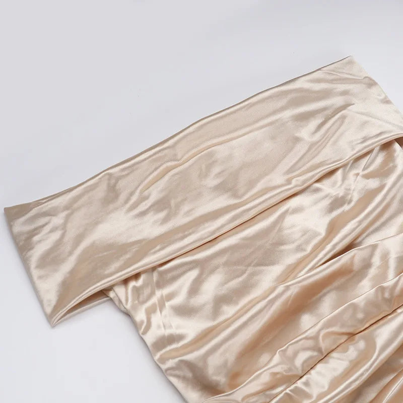Elegant Satin Solid Color Off-Shoulder Women's Long Dress Sexy High-Waisted Flim Slit Pleated Dress for Lady Party Wedding