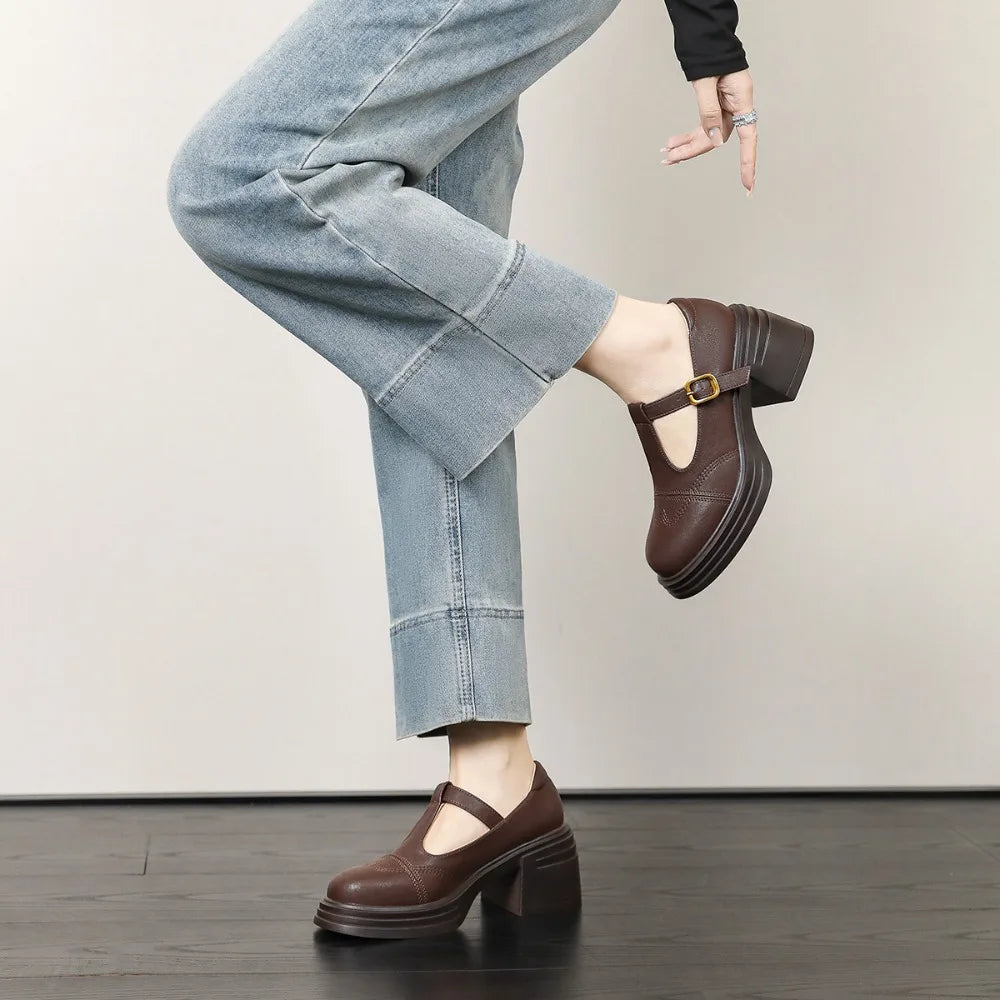 Ladies Retro Style High Heel Single Shoes for Women Platform Thick Heel Buckle Design Casual Loafers T-strap Leather shoes New