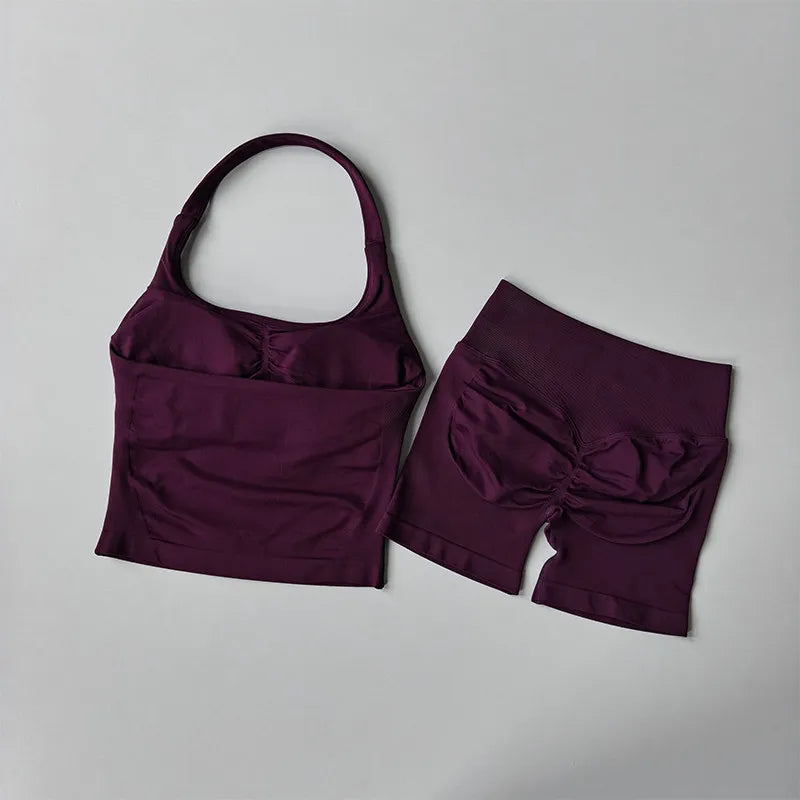 2PCS Seamless Halter Neck Yoga Set Push up Sports Bra And High Waist Butt Lift Fitness Shorts Tummy Control Fitness Wear