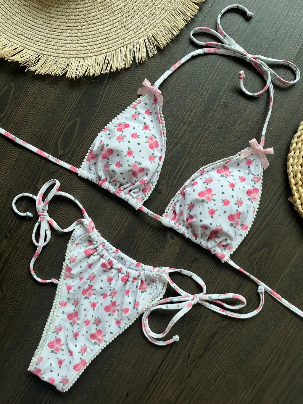 Floral Print Halter Micro String Bikini Female Swimsuit Women Swimwear Two-pieces Bikini Set Bow Knotted Bathing Suit Swim Lady