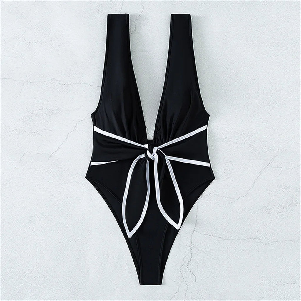 Sexy Knotted Deep V Backless Monokini One Piece Swimsuit Women Swimwear Female Padded High Cut Bather Bathing Suit Swim V3487