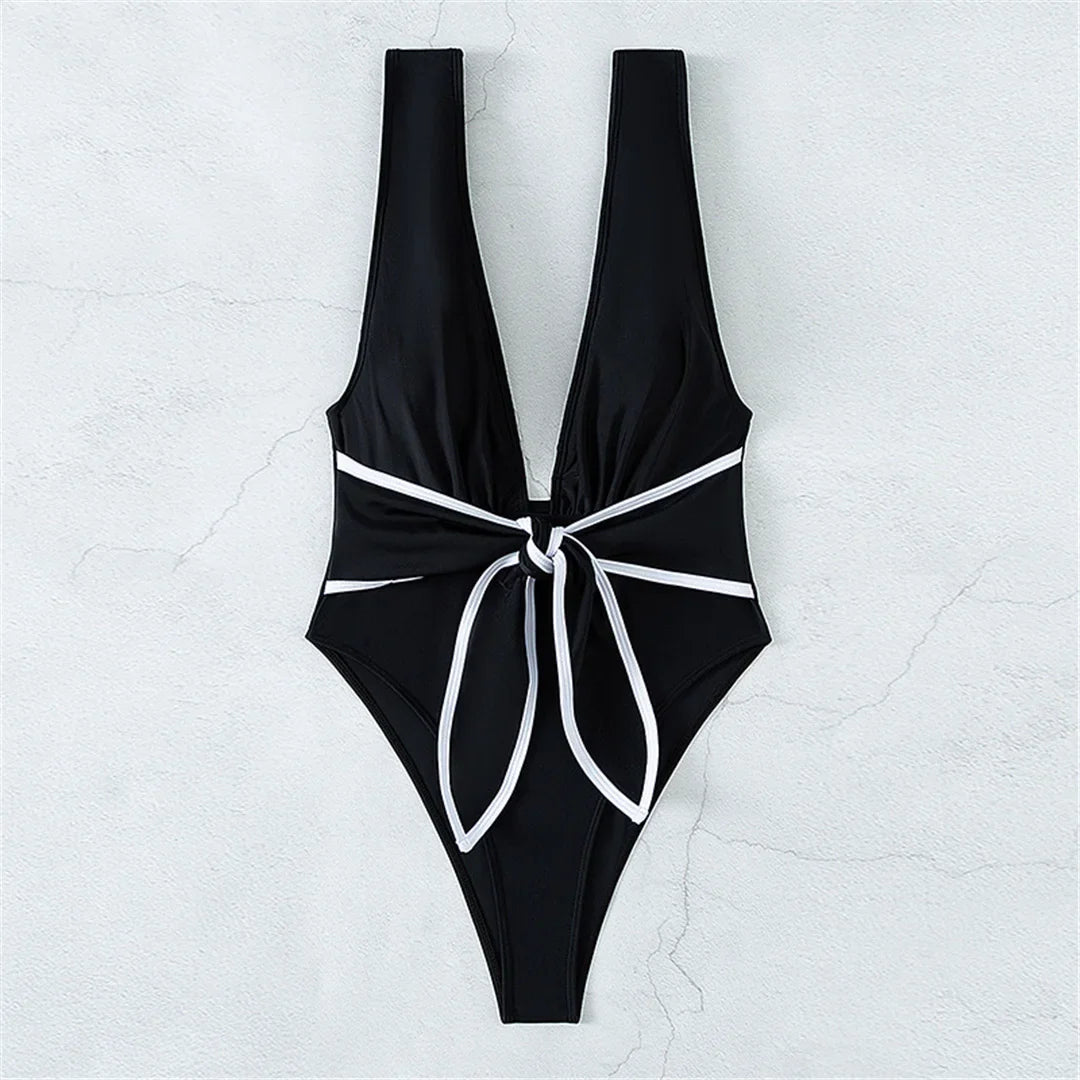 Sexy Knotted Deep V Backless Monokini One Piece Swimsuit Women Swimwear Female Padded High Cut Bather Bathing Suit Swim V3487