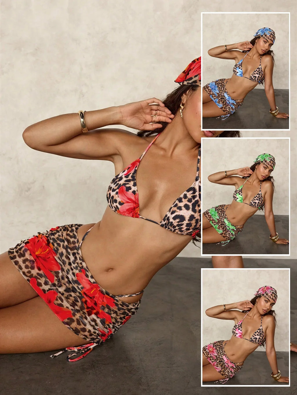 Sexy Pink Floral Leopard Print Bikini 2026 Women Push Up Mesh Skirt Band 4 Piece Swimsuit Beach Bathing Suit Holiday Swimwear