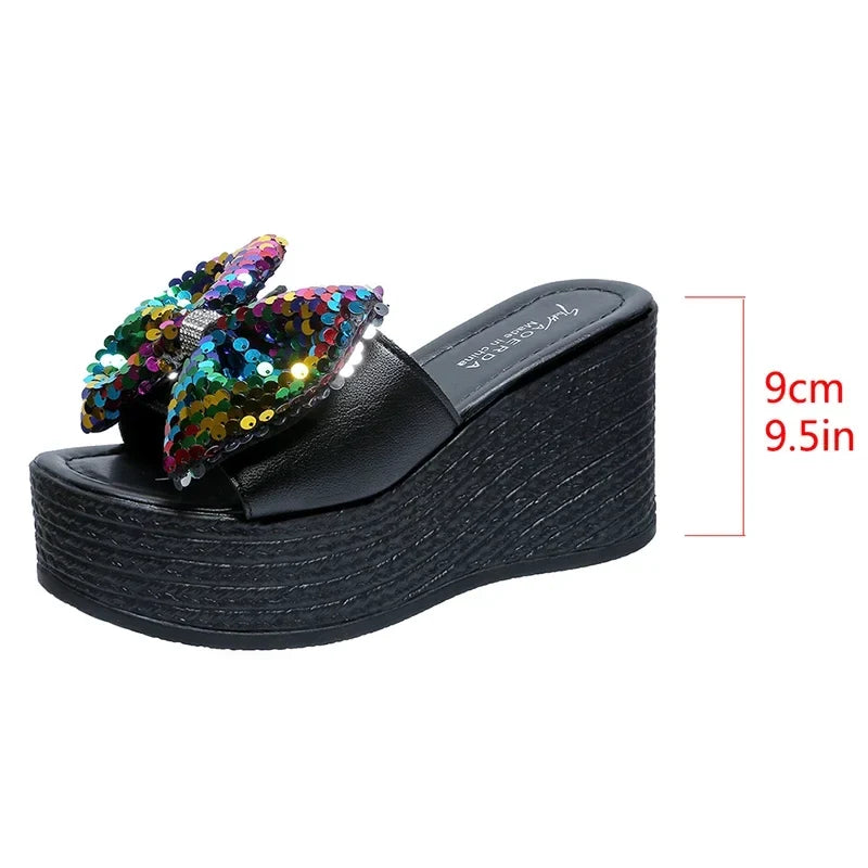Women Colorful Sequins Platform Slippers Fashion 2025 Wedge Open Toe Black Sandal Ladies New Plus Size Thick Bottom Slides Mujer