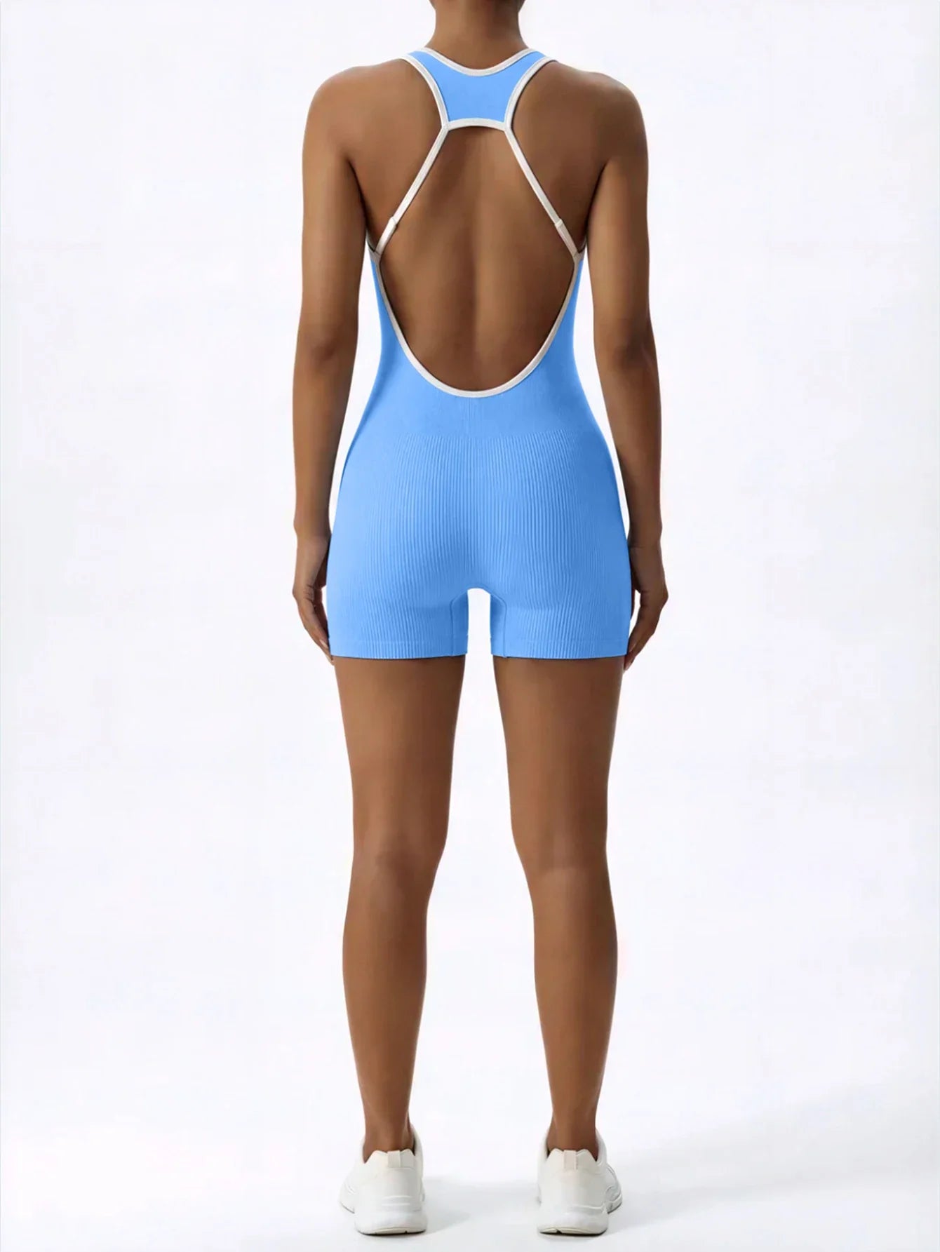 Sleeveless Contrast Trim Backless Yoga Romper Seamless Body Shaping Sport Jumpsuit for Running Training