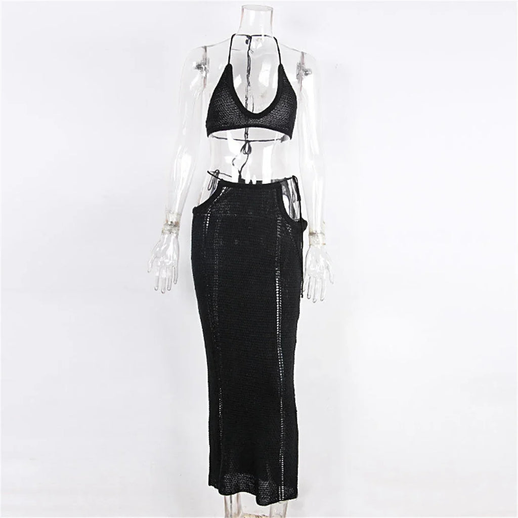 2PCS New Sexy With Top Halter Crochet Knitted Tunic Beach Cover Up Cover-ups Beach Dress Beach Wear Beachwear Female Women K4885