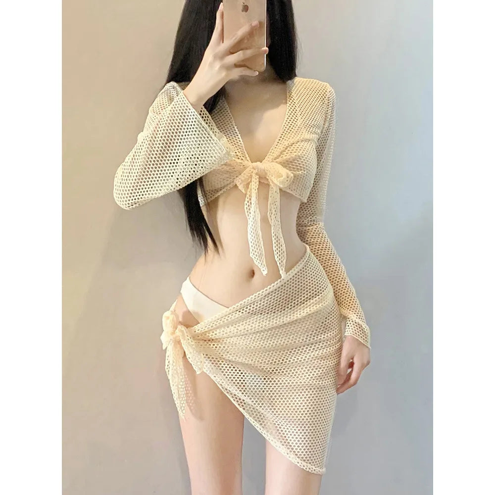 New Korean Push Up Bikinis Sets Solid Beige Long Sleeve Cover Up Mesh Skirt 4 Piece Swimsuit Beach Holiday Bathing Suit Swimwear