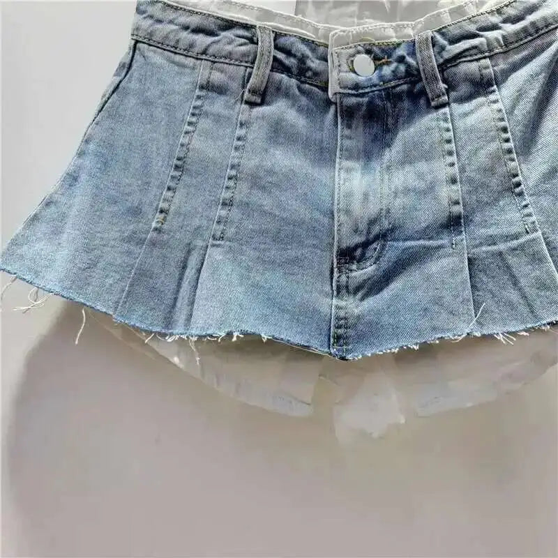 Women's Denim Skirt High Waist Pleated Patchwork Contrast Color Big Pockets Burrs A-line Mini Skirt 2026 Summer New SKIRTS 7W7E