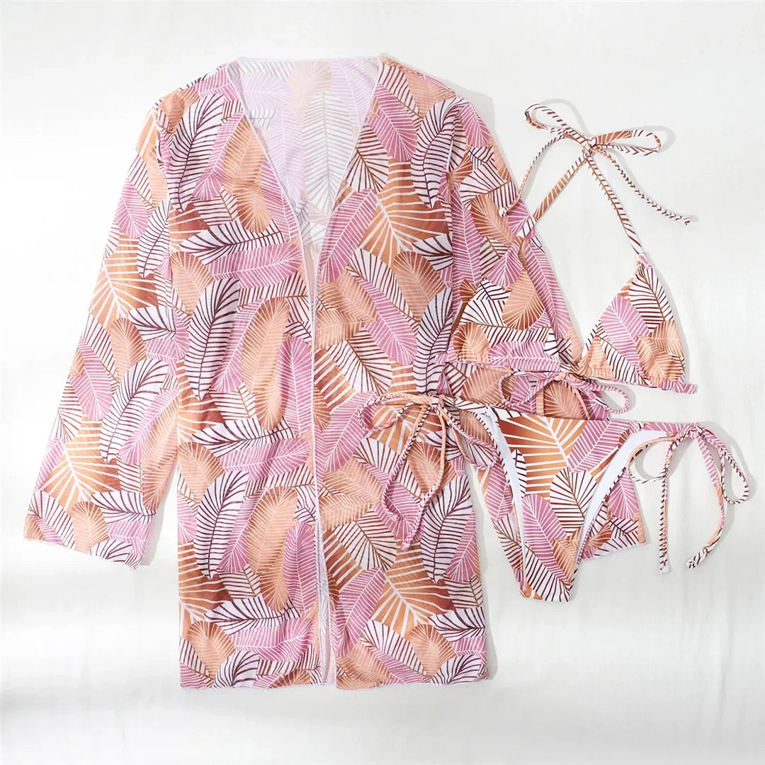 With Cover Up Leaves Printed Bikini Women Swimwear Female Swimsuit Three-pieces Bikini Set Bather Bathing Suit Swim Beachwear