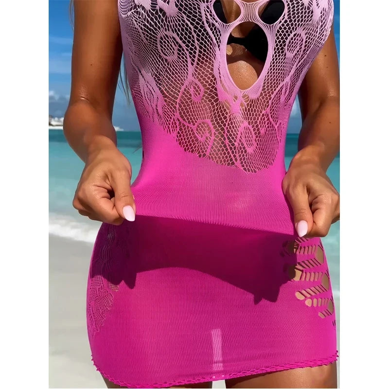 Fishnet Women Sexy Beach Cover Up Dress Women Stretch See Through Sleeveless without Bikini Swimsuit Coverup Mini Beachwea