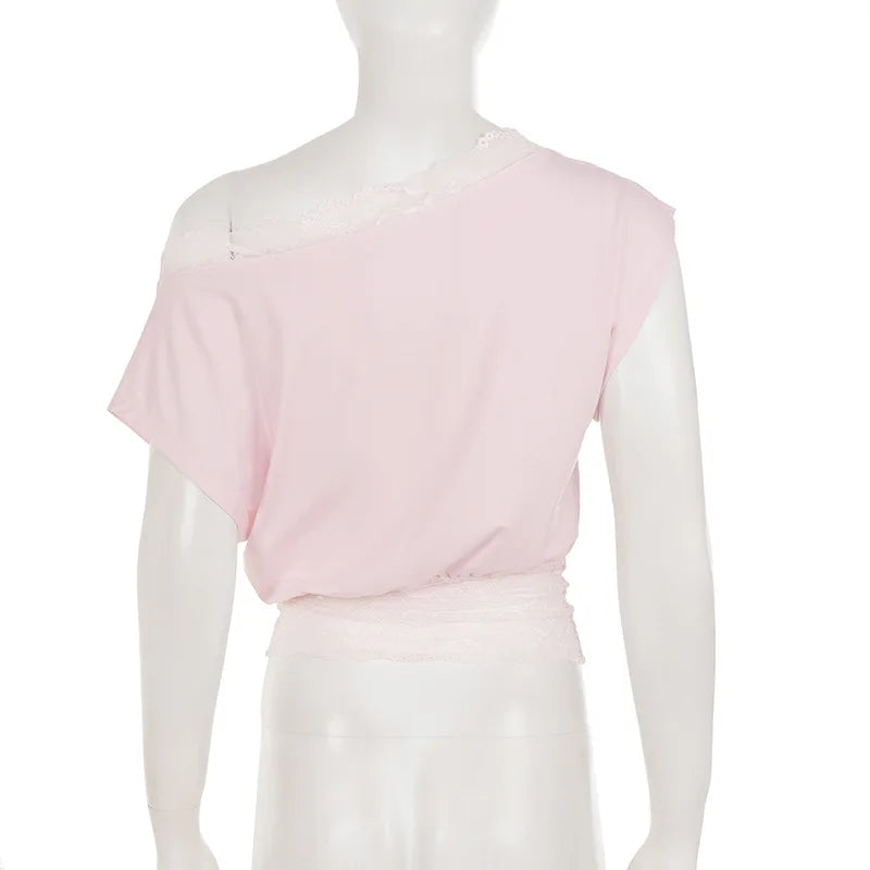 Summer T-shirt lace off-shoulder short-sleeved T-shirt waist fashion versatile top