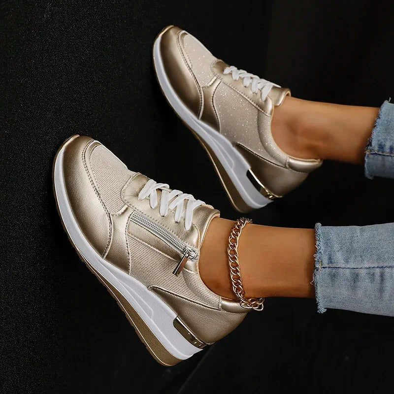 Fashion Thick Bottom Silver Sneakers Women 2025 Spring Wedge Heel Vulcanized Shoes Woman Comfortable Lace Up Sport Sneaker Mujer
