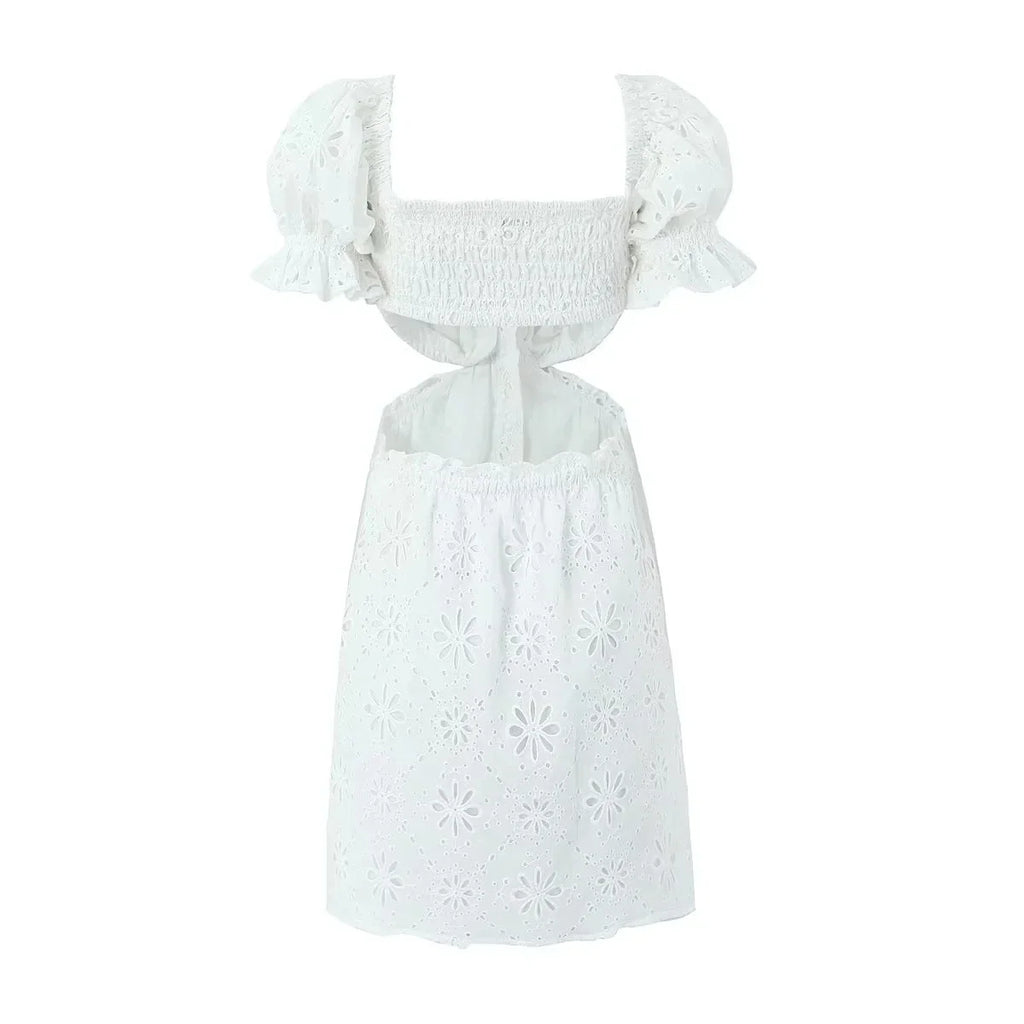 Foridol White Lace Cotton Dress V Neck Off Shoulder Sexy Beach Short Dress Summer Women Buttons Cut Out Mini Beach Sundress 2025