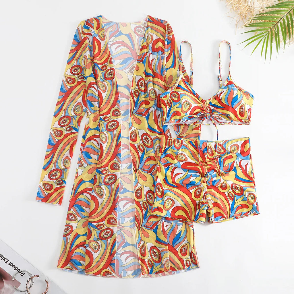 New Sexy 3 Pieces Suit for Women Neck Hanging Bikini Set+Cover-up Swimwear Sunproof Tankini High Waist Shorts Swimsuit Beachwear