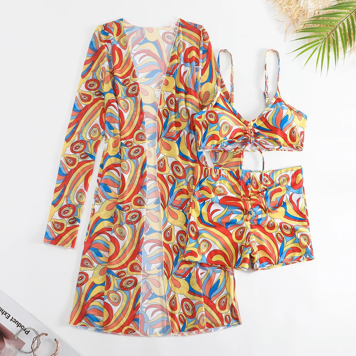New Sexy 3 Pieces Suit for Women Neck Hanging Bikini Set+Cover-up Swimwear Sunproof Tankini High Waist Shorts Swimsuit Beachwear
