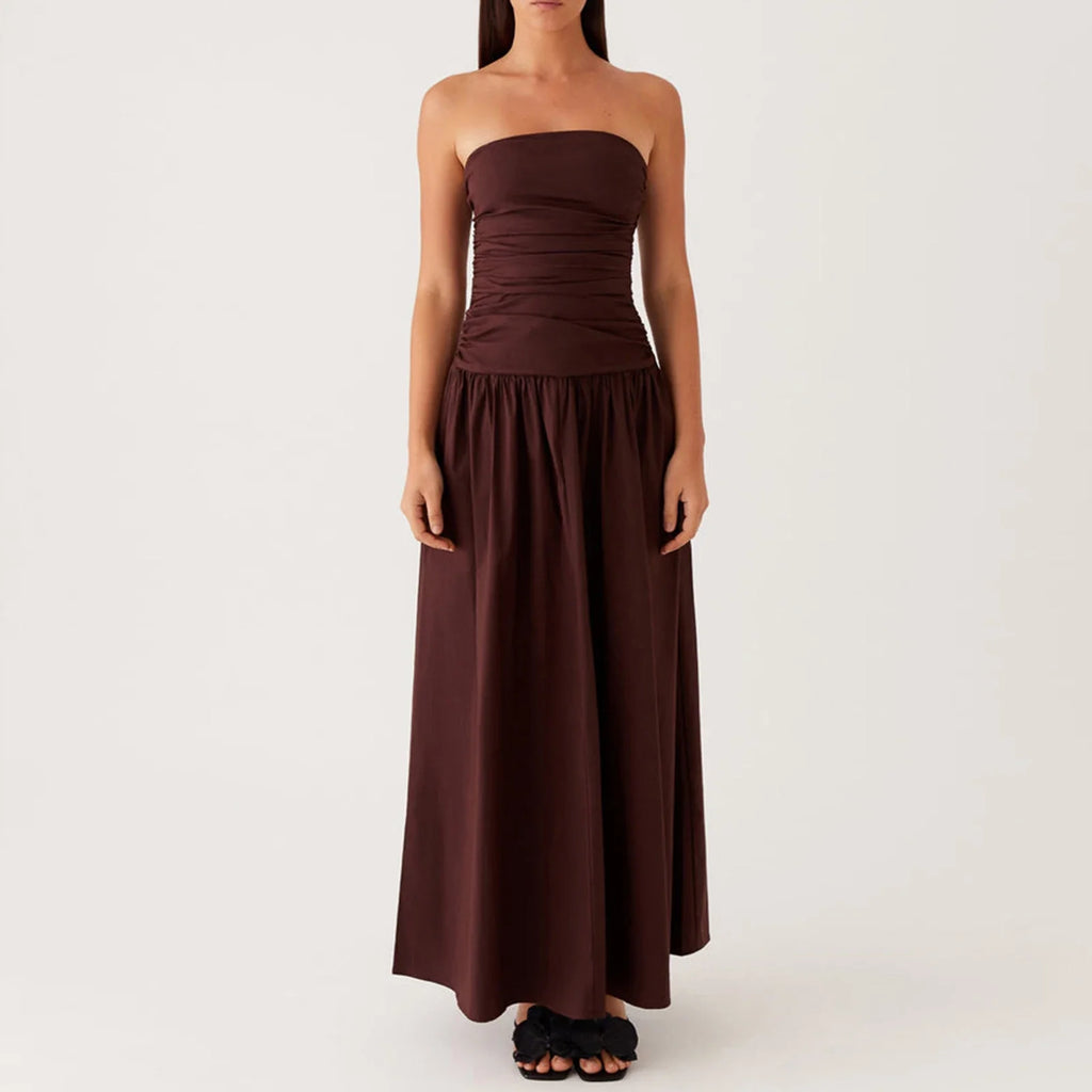 Elegant Strapless Maxi Tube Dress Women Ruched Long Sundress Boat Neck Sleeveless Strapless Flowy Dresses Party Clubwear