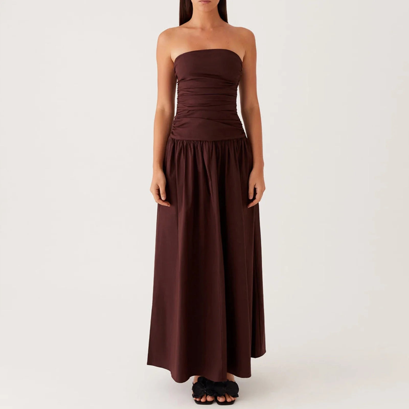 Elegant Strapless Maxi Tube Dress Women Ruched Long Sundress Boat Neck Sleeveless Strapless Flowy Dresses Party Clubwear