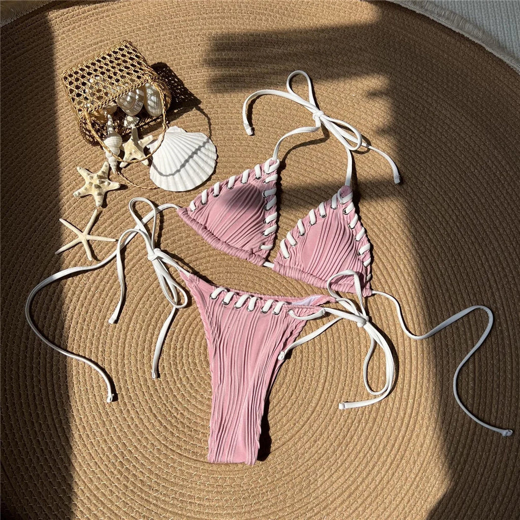8 Colors Halter Ribbed High Leg Cut Bikini Female Swimsuit Women Swimwear Two-pieces Bikini set Bather Bathing Suit Swim V5541Y