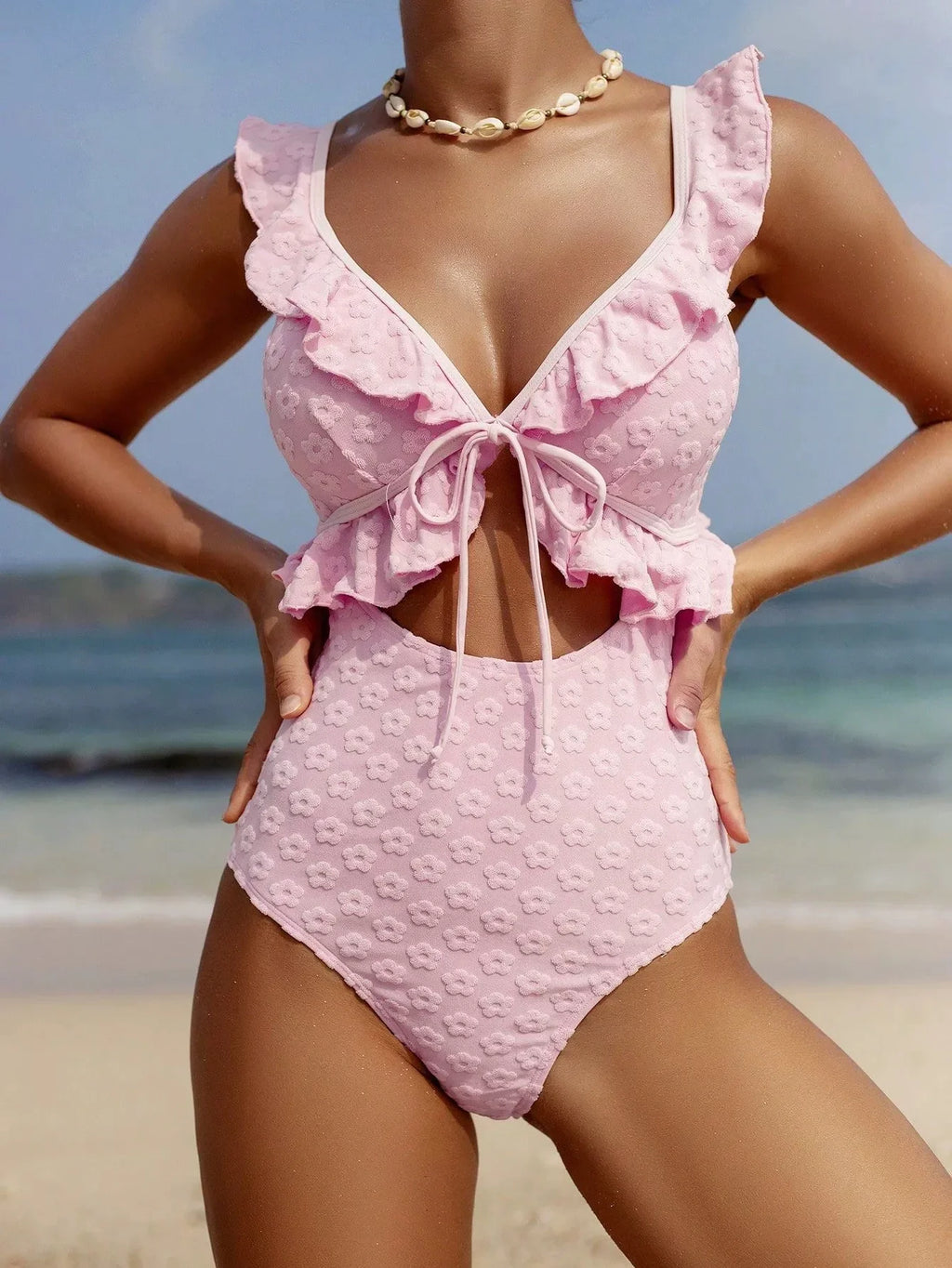 DEKA Girl Light Pink One Piece Swimsuit for Women High Waist Hollow Out Ruffle Suspender Backless Monokini Bikini Beach Swimwear